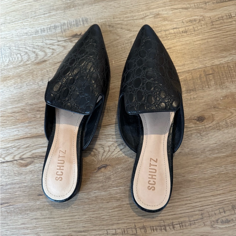 Schutz Black Croc-Embossed Women's Mules